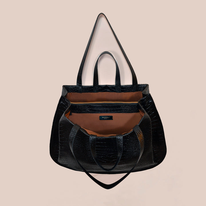 LUNA Tote Bag || Black Embossed Crocodile print